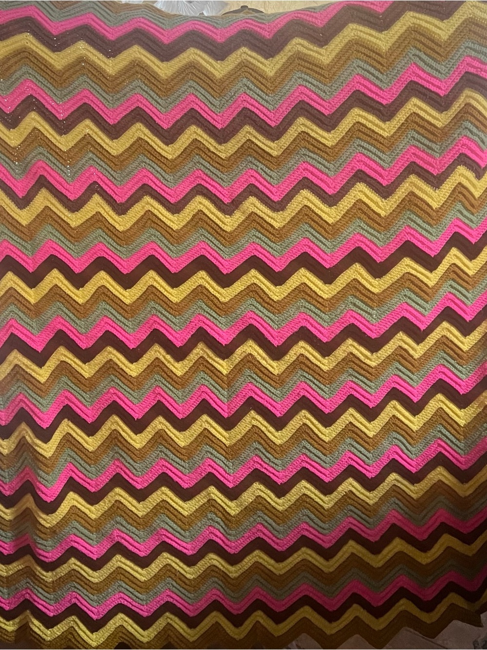 VTG Handmade Chevron Knit Blanket in Pink, Mustard & Brown